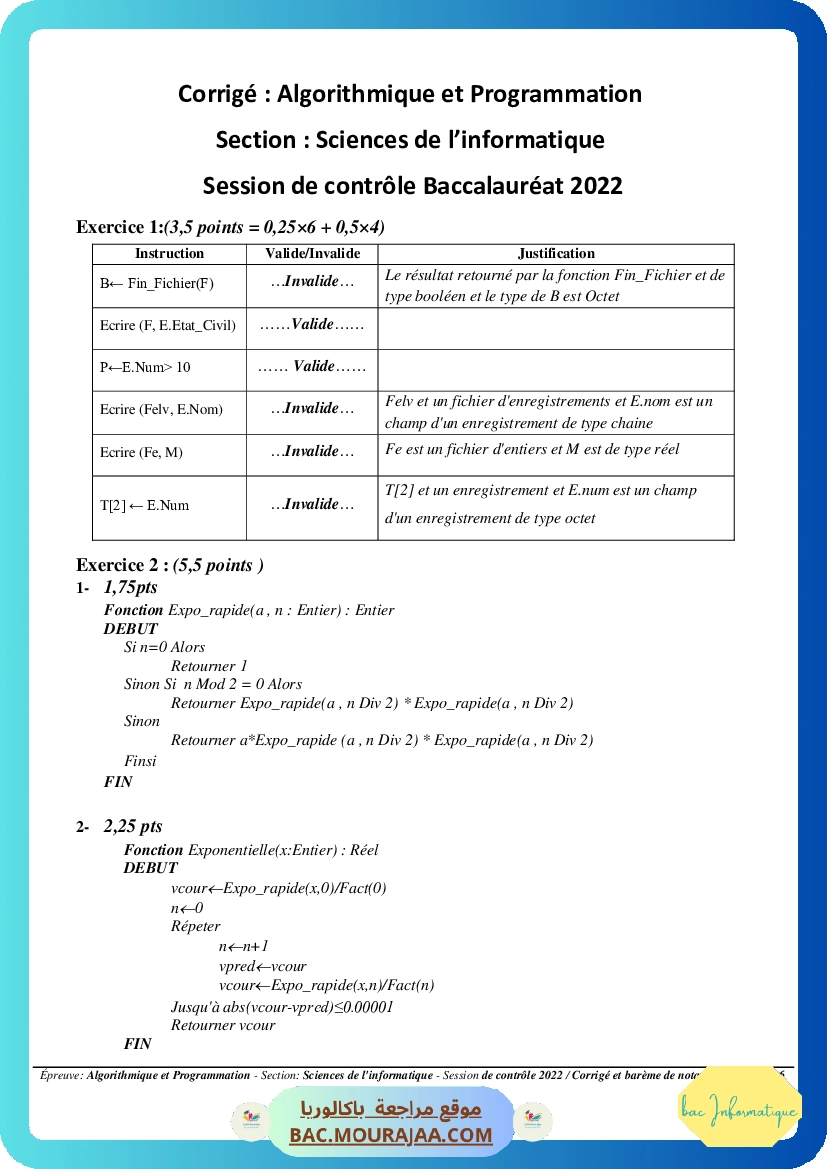 Corrigé controle algorithme Bac 2022 – Section info